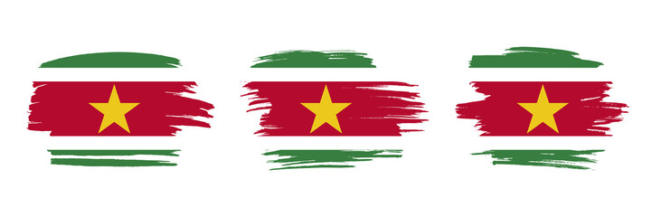Set of 3 creative brush flag of Suriname with grungy stroke effect. Modern brush flags collection.