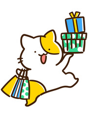 大量の買い物袋を持ってショッピングを楽しむかわいいねこのデフォルメイラスト