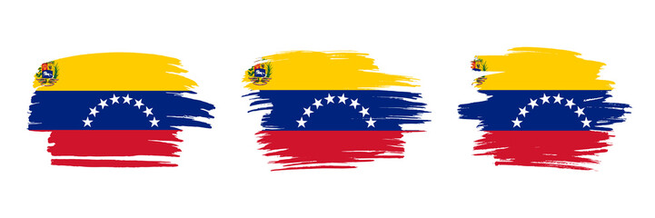 Set of 3 creative brush flag of Venezuela with grungy stroke effect. Modern brush flags collection.