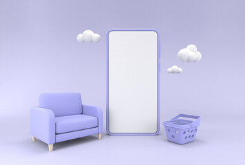White screen smartphone with living room sofa furniture and basket decoration mockup on purple pastel background. Business delivery. Shopping online concept. 3D illustration rendering.