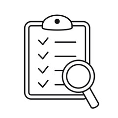 Clipboard with magnifier loupe icon, business concept. Analysis, analyzing icon. File search icon, document search, vector isolated.
