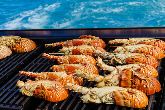 frisch gegrillte Langusten auf einem Boot in der Karibik