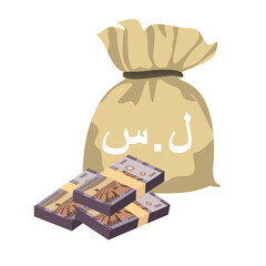 Syrian Pound Vector Illustration. Syria money set bundle banknotes. Money bag 2000 SYP. Flat style. Isolated on white background. Simple minimal design.