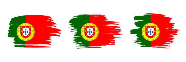 Set of 3 creative brush flag of Portugal with grungy stroke effect. Modern brush flags collection.