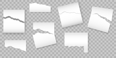 Torn of white note, notebook paper strips and pieces stuck on dark PNG background. vector illustration. Set of torn stickers on PNG background.