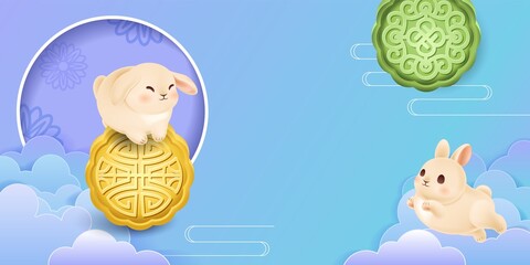 Banner for Mid Autumn Festival with rabbits, snow skin mooncakes and pattern. Design background for postcard with bunny and paper cut chinese clouds. Traditional chinese holiday. Vector illustration