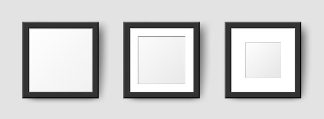 Realistic Square Empty Wall Photo Frames set. Vector black picture frame mockup template with shadow on grey background. Mockup for poster, banner, photo gallery, painting, presentation.