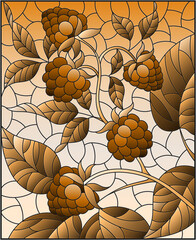 Illustration in stained glass style with a branch of ripe raspberries, tone brown