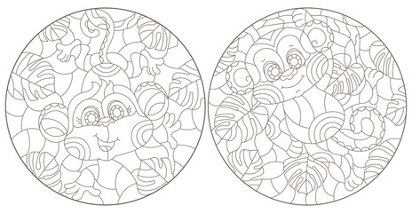 A set of contour illustrations in the style of stained glass with cute cartoon monkeys on tree branches, dark outlines on a white background