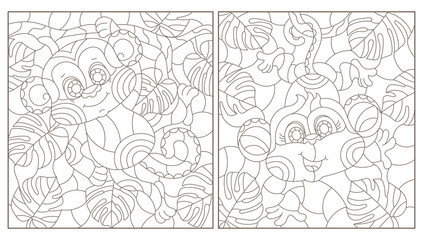 A set of contour illustrations in the style of stained glass with cute cartoon monkeys on tree branches, dark outlines on a white background