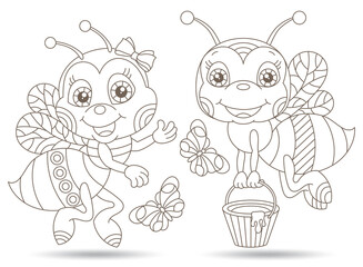 A set of contour illustrations in the style of a stained glass window with cartoon bees, dark contours on a white background