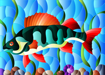 Fototapeta na wymiar Illustration in stained glass style with a fish perch on the background of water and algae