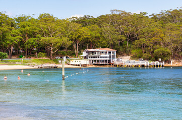 Beach, restaurant and bar on the Little Beach foreshore - Nelson Bay, NSW, Australia