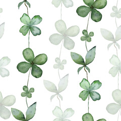 Trefoil, green clover with three leaves, symbol of Patrick's Day, grass, clover branch, isolated hand-drawn watercolor illustration on white background