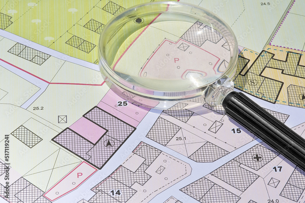 Poster imaginary cadastral map with buildings, land parcel and vacant plot - property registry and real est