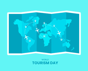 World Tourism Day With Map And Plane Flat Illustration