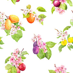 Yellow cherry plum branch - fruits, flowers. Watercolor picture