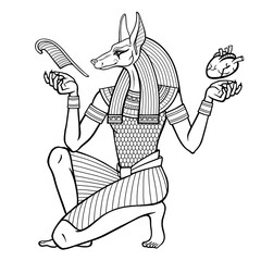 Animation portrait: Ancient Egyptian god Anubis holds human heart and pen. Afterlife ritual. God of death. Egyptian history and mythology. Vector illustration isolated on a white background.