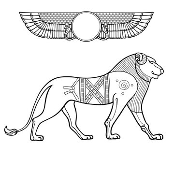 Animation image of an Egyptian lion. Winged sun god Ra. Vector illustration isolated on a white background. View profile. Print, poster, t-shirt, tattoo.