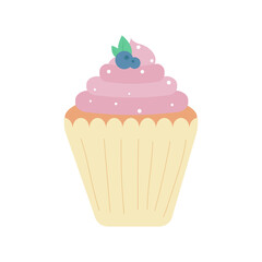 Sweet cupcake with cream,  topping and blueberries isolated on white background. Flat vector design illustration 