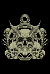 Skull horn and skull body with eyes circle artwork illustration