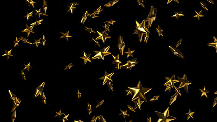 Gold star objects on black background.
3DCG confetti illustration for background.
