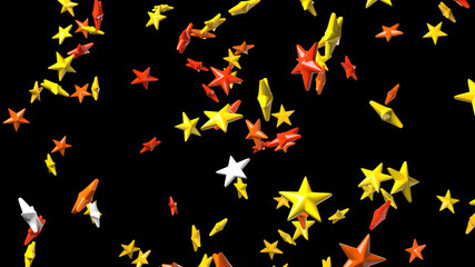 Yellow star objects on black background.
3DCG confetti illustration for background.
