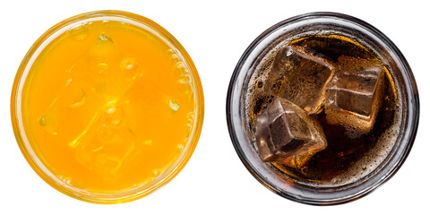 Set of refreshing soft drinks and cocktails with ice in glasses, top view on a white background