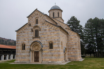 Medieval Monastery and orthodox Church Visoki Decani, one of the most important Serbian monastery. UNESCO world heritage site in Decani, Kosovo, Serbia 05.03.2022