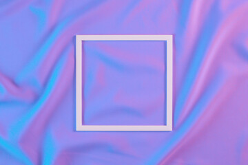 Holographic neon wave on gradient soft pastel background with frame. Hologram Foil Aesthetic. Trendy iridescent background.