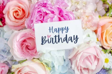 Foto op Plexiglas Happy birthday card on blossom flower bouquet background © thanksforbuying
