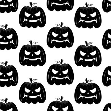 Seamless pattern with black silhouette of a pumpkin face for halloween on a white background