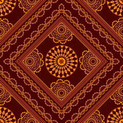 Vector geometric seamless pattern in a square frame for the design of a shawl, scarf, napkin, carpet, tile, pottery, crockery, nav. Mandala in the center of a patterned frame of rhombuses