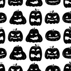 Seamless pattern with black silhouette of a pumpkin face for halloween on a white background