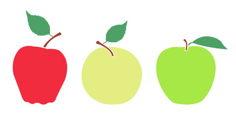 Vector Set of fruits - apple varieties - red, yellow, green color icons on white background.
