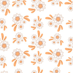 Seamless pattern with autumn small abstract bouquets of flowers in warm colors isolated on white background in flat cartoon style
