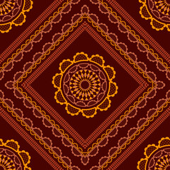 Vector abstract pattern in a square frame for the design of a shawl, scarf, napkin. Mandala in the center of a patterned frame of rhombuses. Seamless background.