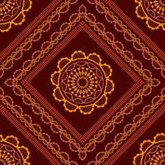 Naklejka premium Vector abstract pattern in a square frame for the design of a shawl, scarf, napkin. Mandala in the center of a patterned frame of rhombuses. Seamless background.