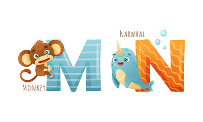 Cute zoo alphabet. M,N letters and monkey, narwhal animals cartoon vector illustration © Happypictures