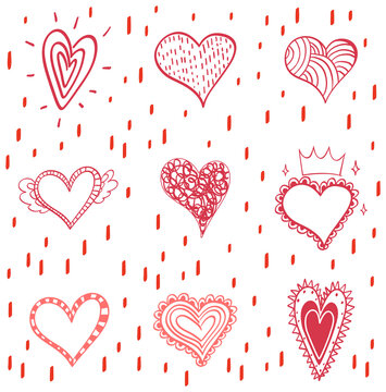 Red hand drawn hearts set