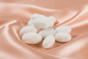 Natural white silkworm cocoons on brown silk fabric background