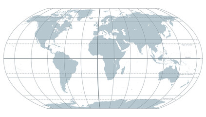 The world with most important circles of latitudes and longitudes, gray political map. Equator, Greenwich meridian, Arctic and Antarctic Circle, Tropic of Cancer and Capricorn. Illustration. Vector. - obrazy, fototapety, plakaty