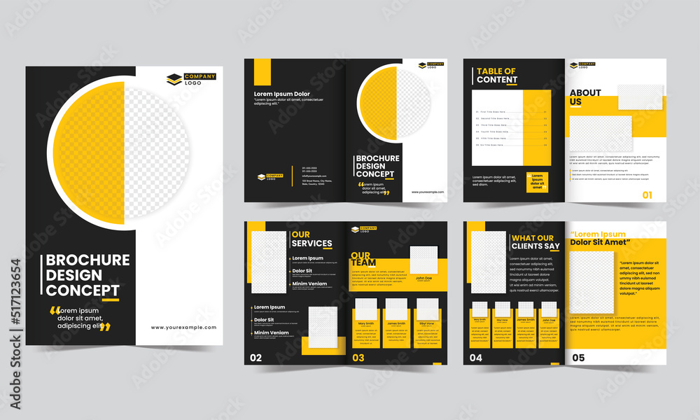 Poster set of bi-fold brochure template design with space for product image on gray background.