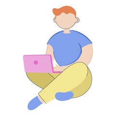 Faceless Young Boy Using Laptop On White Background.