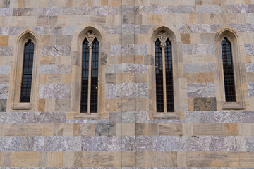 Details and window decoration of Medieval Monastery and orthodox Church Visoki Decani, one of the most important Serbian monastery. UNESCO world heritage site in Decani, Kosovo, Serbia 05.03.2022