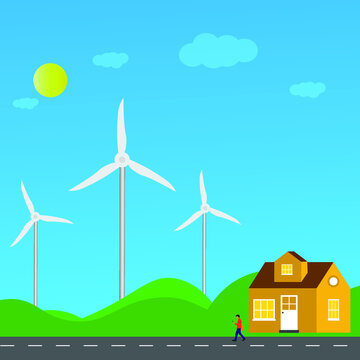  Vector illustration of Wind turbines. Wind power plant and home. Green energy concept. Wind power station background. Renewable energy source.