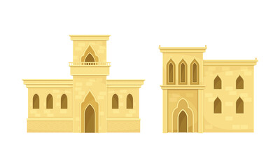 Fototapeta premium Arab mud houses. Ancient oriental authentic architecture buildings set flat vector illustration
