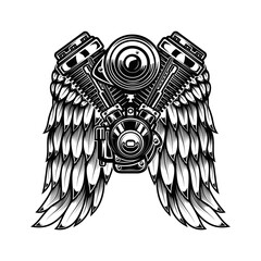 Illustration of twin engine with wings in engraving style. Design element for poster, card, banner, sign, emblem. Vector illustration