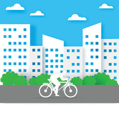 Paper Cut Style Male Bicyclist At Road With Buildings, Clouds, Trees On Blue And White Background.