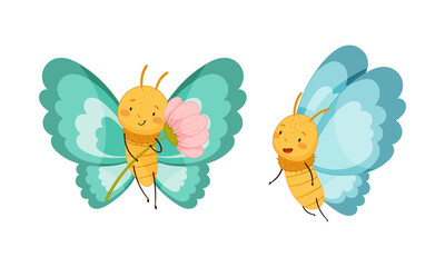 Set of cute butterflies with blue wings. Cute smiling insects with funny faces cartoon vector illustration